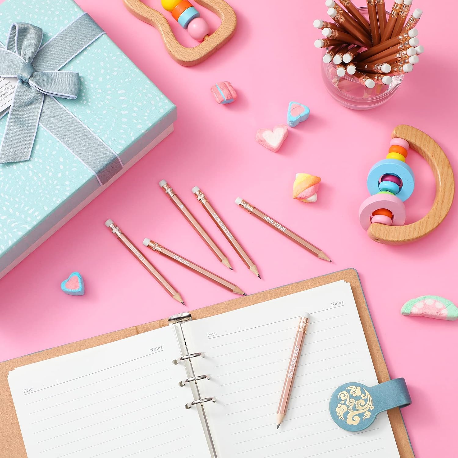 Crtiin 50 Pieces Baby Shower Pencils for Activities Mini Golf Half Pencils, Presharpened with Erasers, 4 Inch(Rose Gold,Girl Style)