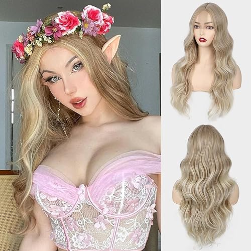 AISI BEAUTY Pelucas rubias para mujer, peluca rubia larga y ondulada con raya en medio, peluca ondulada natural resistente al calor, para uso diario