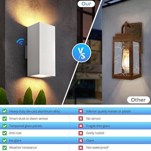 Miniatura 4 de wowlite Paquete de 2 luces modernas blancas para porche, luz exterior de polvo a amanecer, luces de pared impermeables para exteriores, iluminación