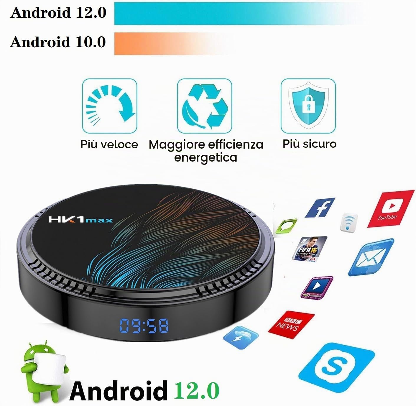 HK1 Max TV Box Upgrade Android 12.0 TV Box, 2GB RAM 16GB ROM, 2.4G/5G Dual Wi-Fi, BT4.0, 4K H.265 Decoding HDR Set Top Box