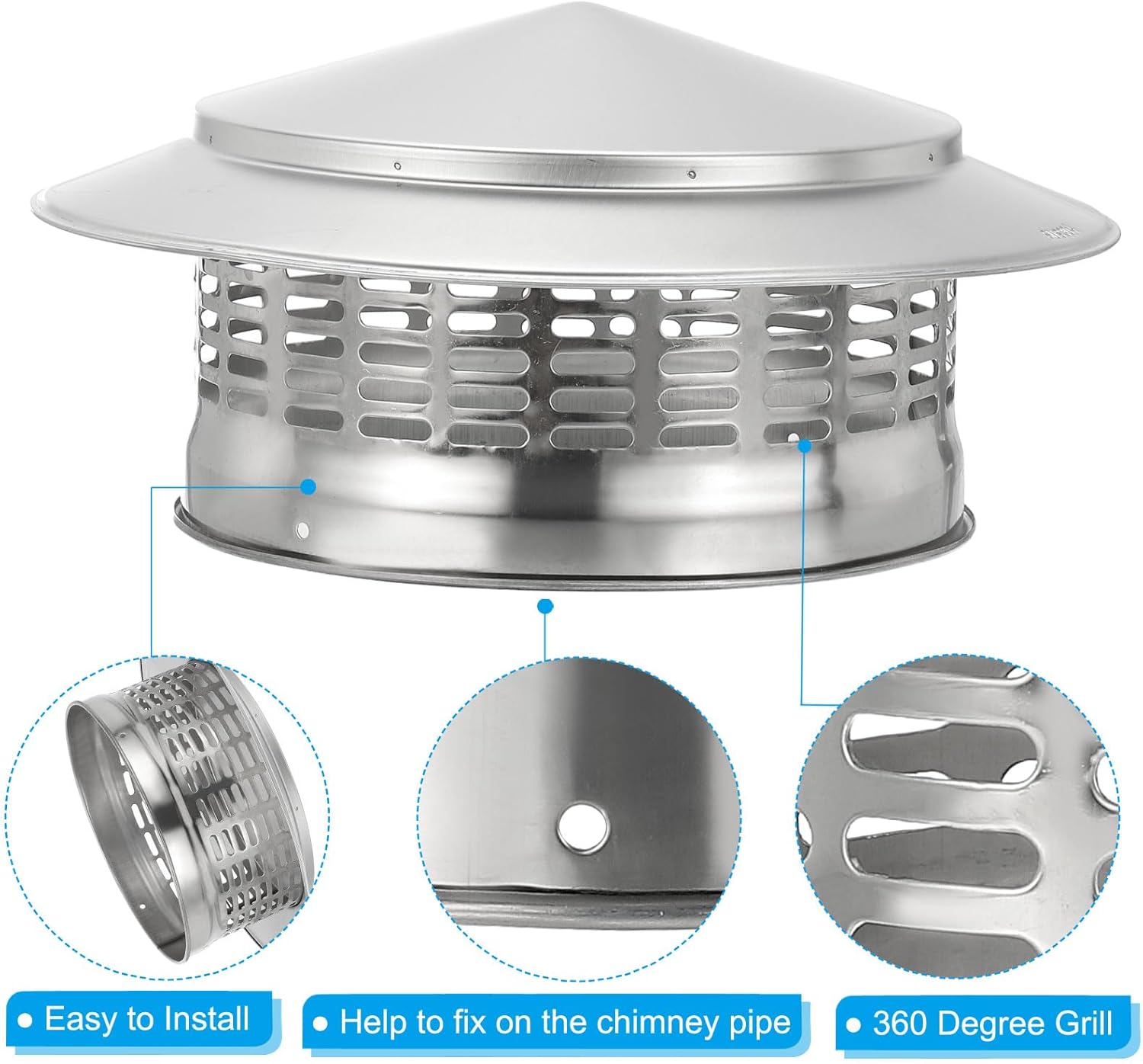 PATIKIL 8" Chimney Cap, 304 Stainless Steel Round Chimney Cover Cap Hood Screen Roof Vent with Screws for Fireplace Exhaust Exterior Stove Pipe