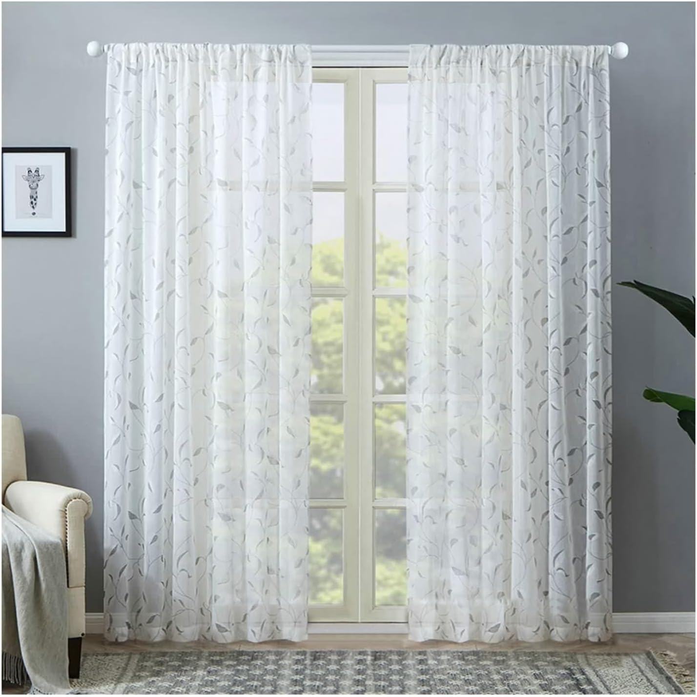 White Window Curtains, Wedding Curtains Sheer Leaf 2 Panels Cotton