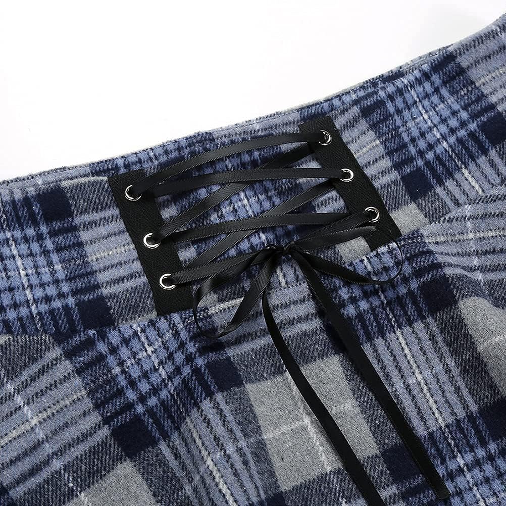 Kinghua Womens Warm Wool Plaid Mini Skirts High Waisted Lace Up Pleated Skater Skirts - Image 4