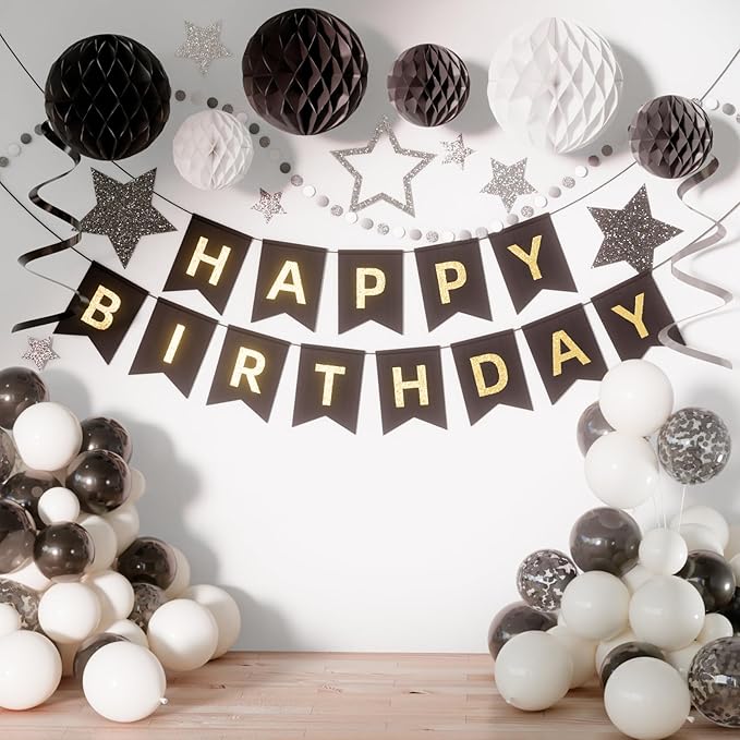 Kit Decoración Fiesta Negro Blanco Elegante 50 Piezas