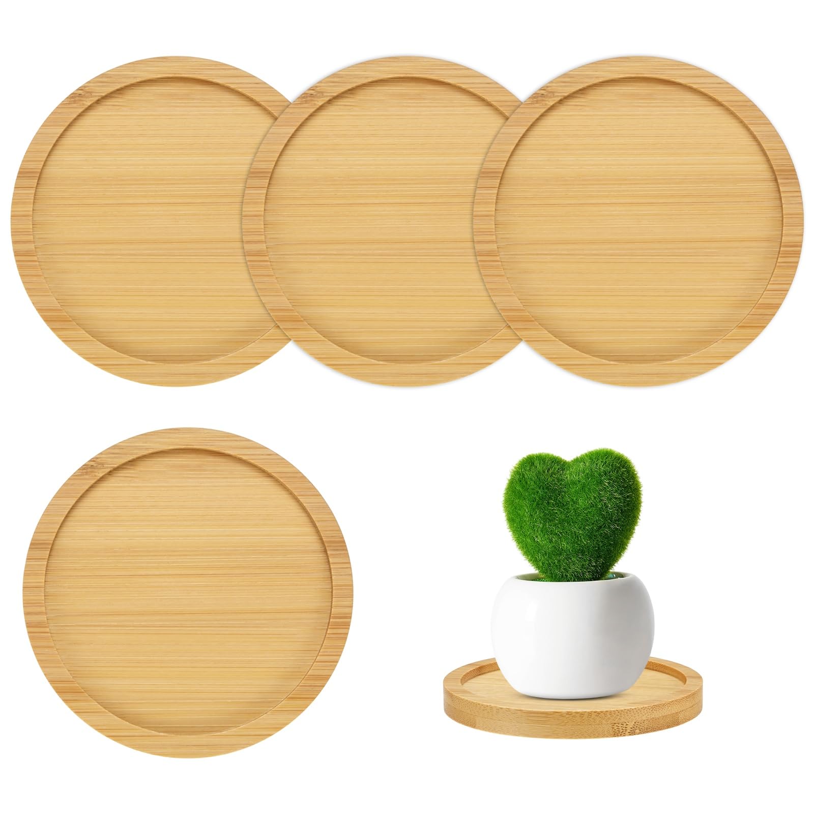 M METERXITY 4-Pack Bamboo Plant Saucer, 2.95 Inch / 7.5cm ID Round Flower Pot Plant Saucers for Indoor/Outdoor/Succulent, Wood Drip Tray [3.35 Inch/8.5cm OD]