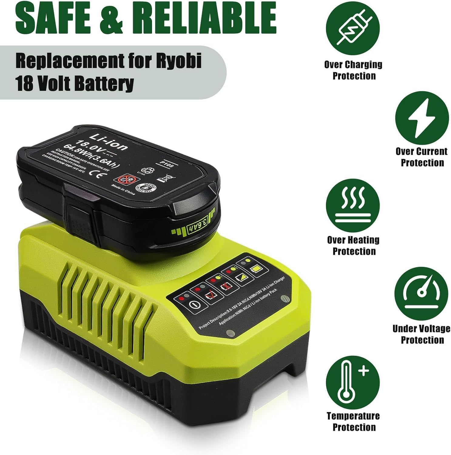 2Pack 3600mAh Replacement for Ryobi 18V 3.6Ah Battery Compatible with Ryobi 18V Battery P102 P103 P104 P105 P107 P190 P109 P190 P191 P122 Cordless Power Tools