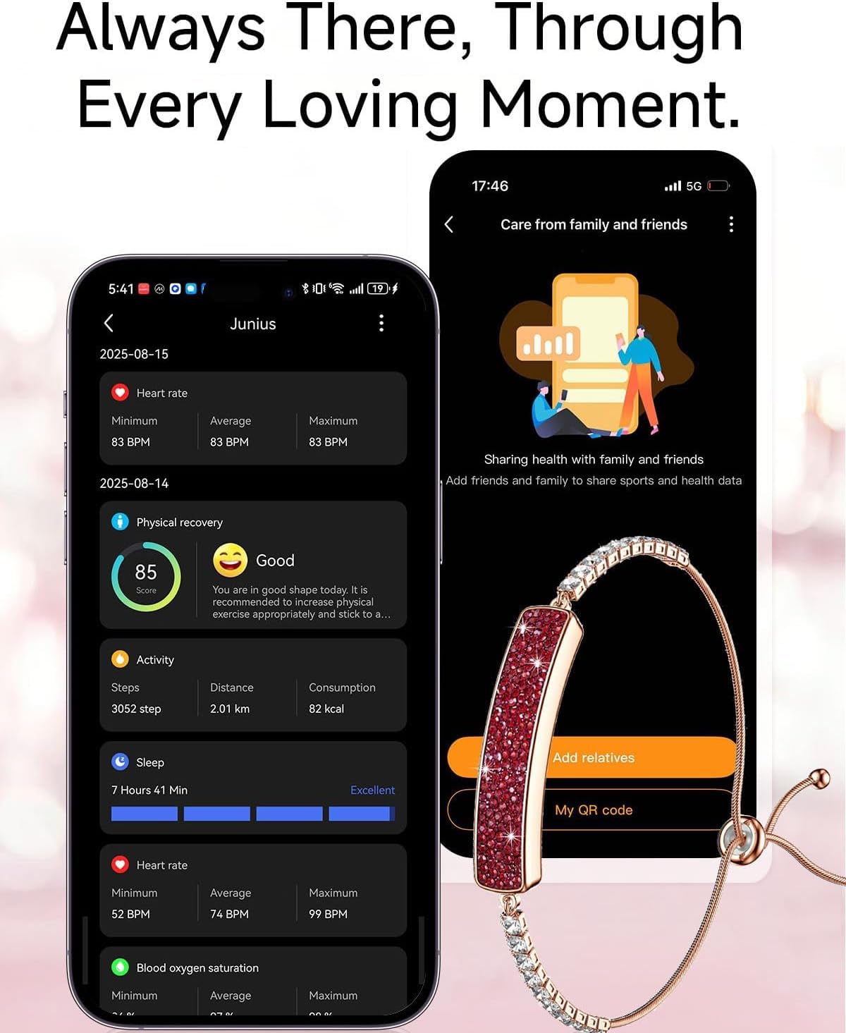 Smartphone screen showing heart rate data from the CNBRO Smart Bracelet, with a woman doing yoga in the background.