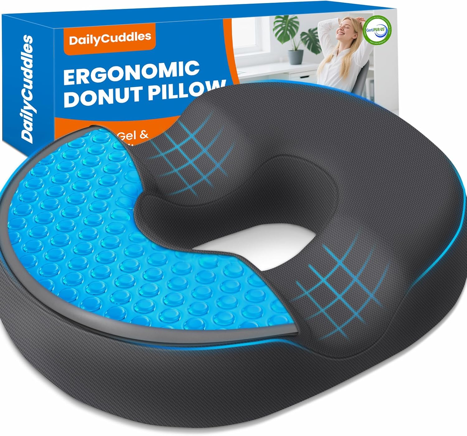Donut Pillow for Tailbone Pain, Hemorrhoids - Cooling Gel Memory Foam Chair Seat Cushion for Office, Home & Wheelchair, Ergonomic Chair Pad for Pregnancy, Sciatica, Coccyx (XXL, Grey)