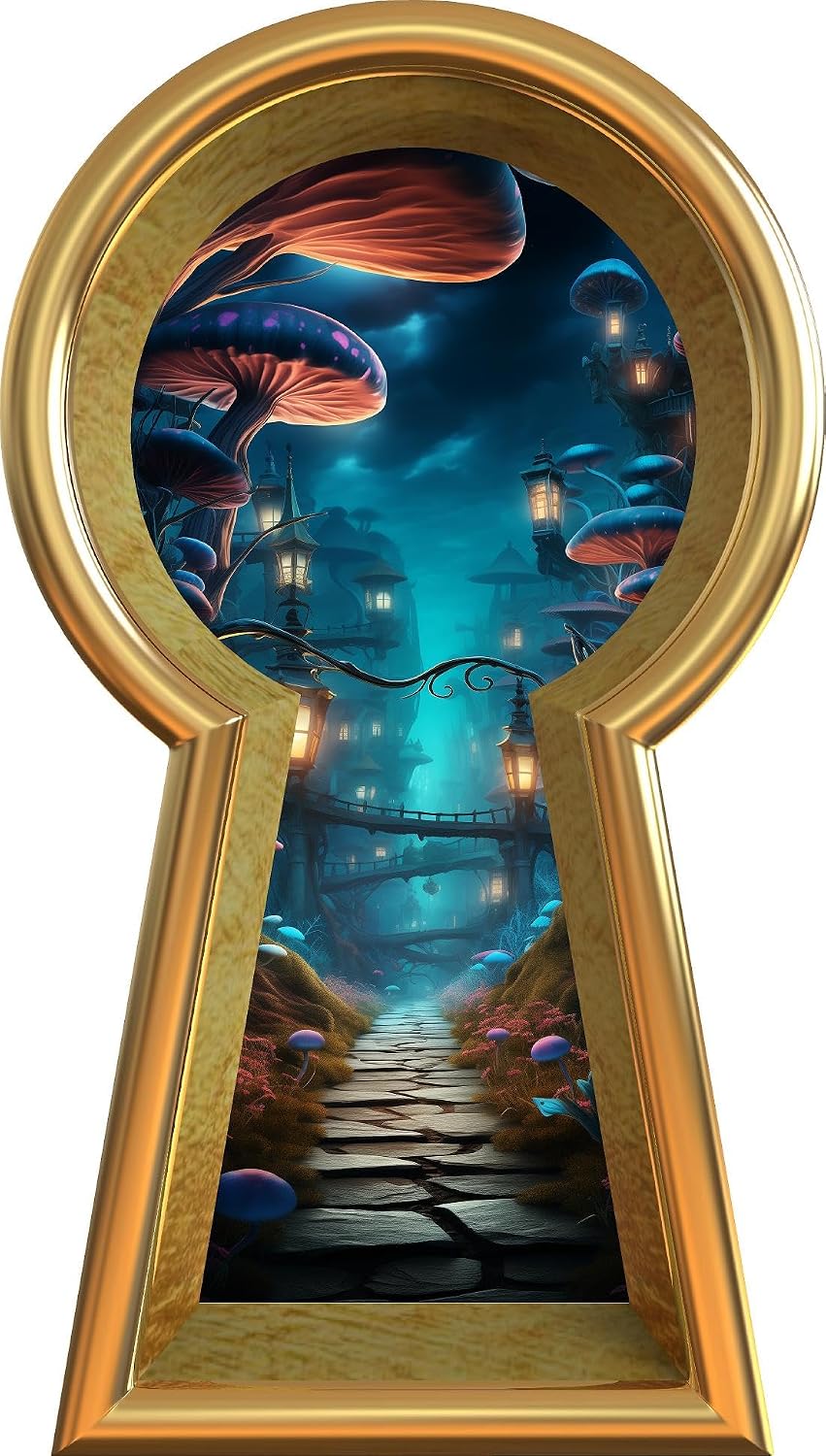Gold Keyhole Window Wall Decal Mushroom Forest at Night Wonderland Kids Room Decor Fantasy Mushroom Fairy Tale Removable Vinyl Wall Sticker 16 inch (24"" x 13.5"")