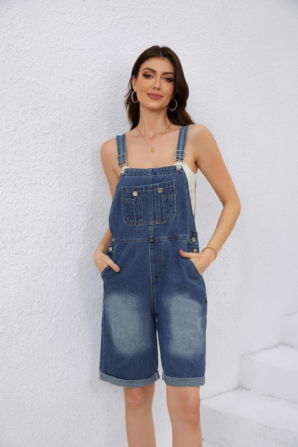 utcoco Women's Casual Distressed Adjustable Strap Cuffed Hem Denim Bib Overalls Shorts Romper - Image 2
