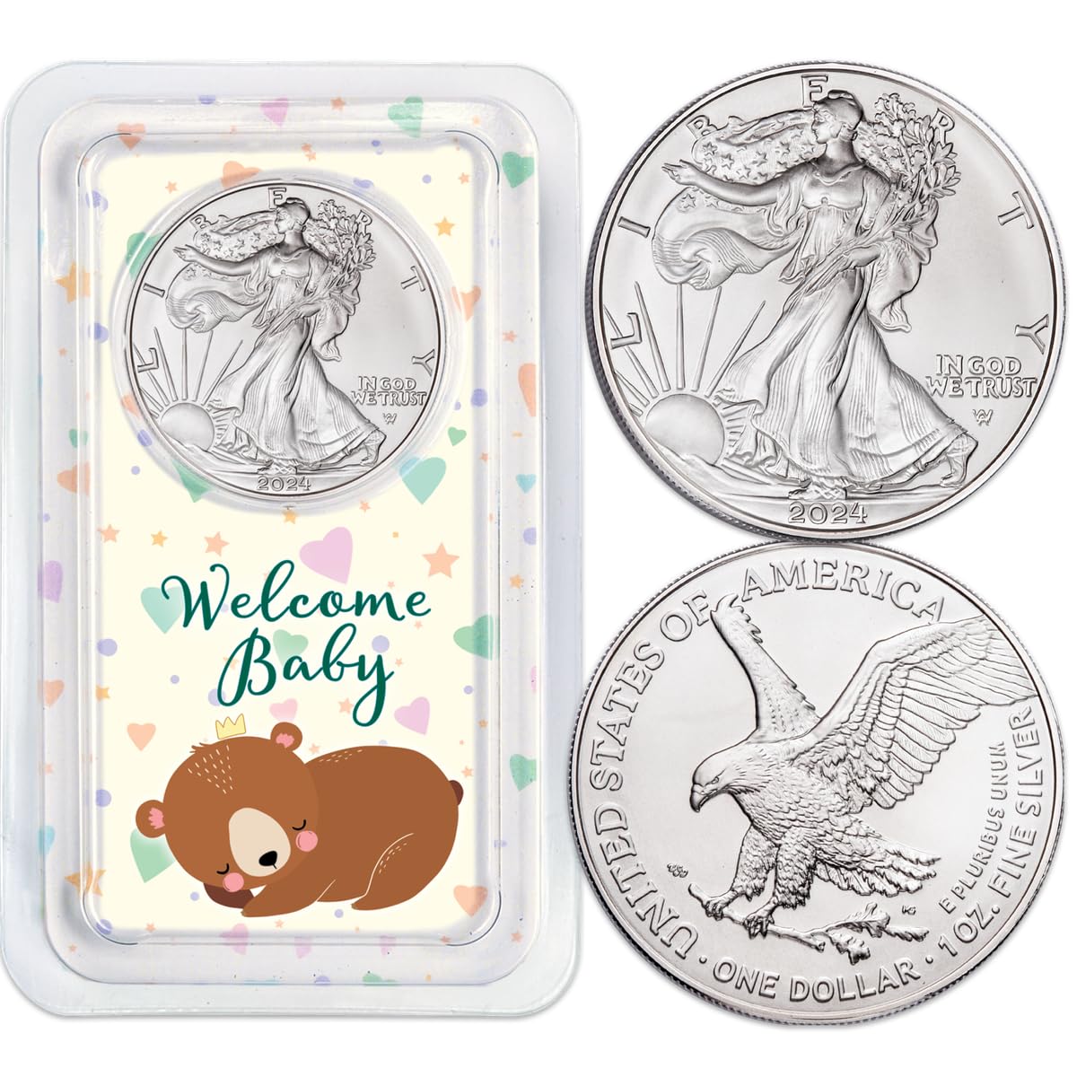 2024 American Silver Eagle Dollar Uncirculated Coin in New Baby Showpak Holder Thumbnail