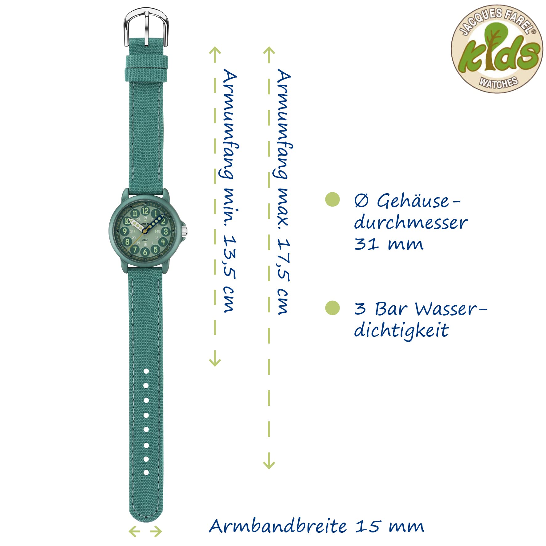 Jacques FAREL Lernuhr Öko Kinderuhr Jungen Armbanduhr Analog Quarz mit Textilarmband aus Bio-Baumwolle Jade-Blau Türkis Nachhaltig ORGT 1114
