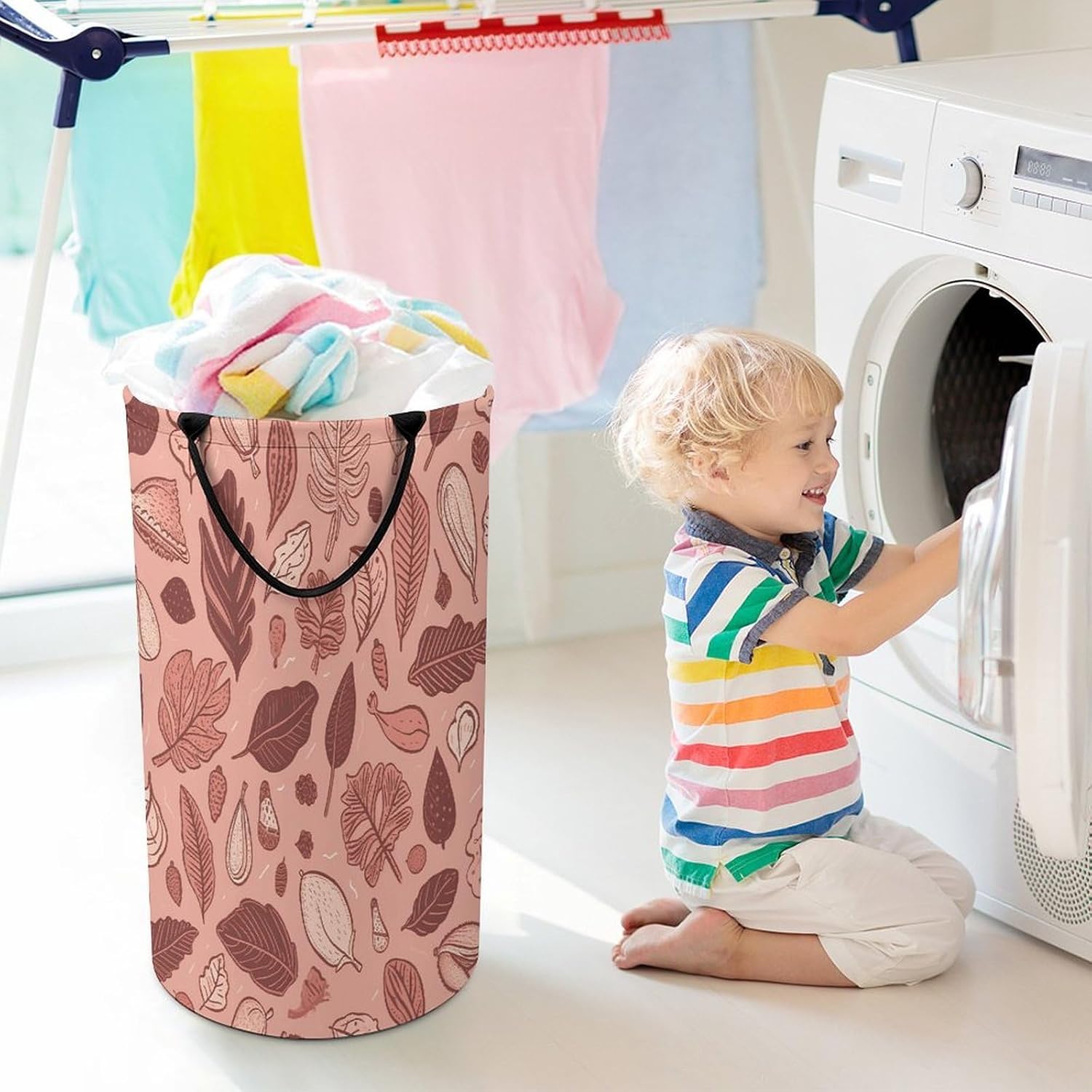 Acorn Leaf Pattern Laundry Basket 86L Laundry Hamper | Collapsible Clothes Hamper with Reinforced Handles Waterproof Tall Foldable Dirty Clothes Basket for Hotel, Home, Closet