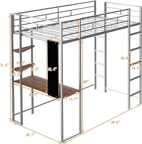 Miniatura 2 de Woanke Cama alta de metal de tamaño individual con 2 escaleras escritorio estante de almacenamiento y barandilla de longitud completa ahorro de