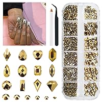 Vista 10 de 2052 piezas de pedrería dorada para uñas, 72 piezas de formas múltiples de cristal con base plana champán dorado + 1980 piezas de cuentas redondas