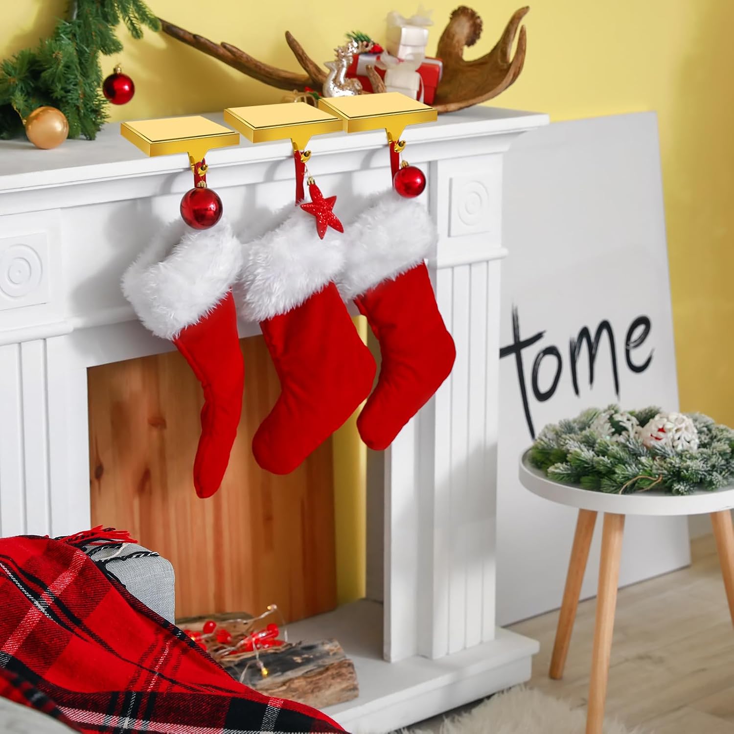 4 Pack Christmas Stocking Holders for Mantle, DIY Mantle Christmas Stocking Hanging Hooks Stocking Holder Fireplace Stand Hanger Holder Weighted Hangers for Staircases Xmas Party Decor (Gold)