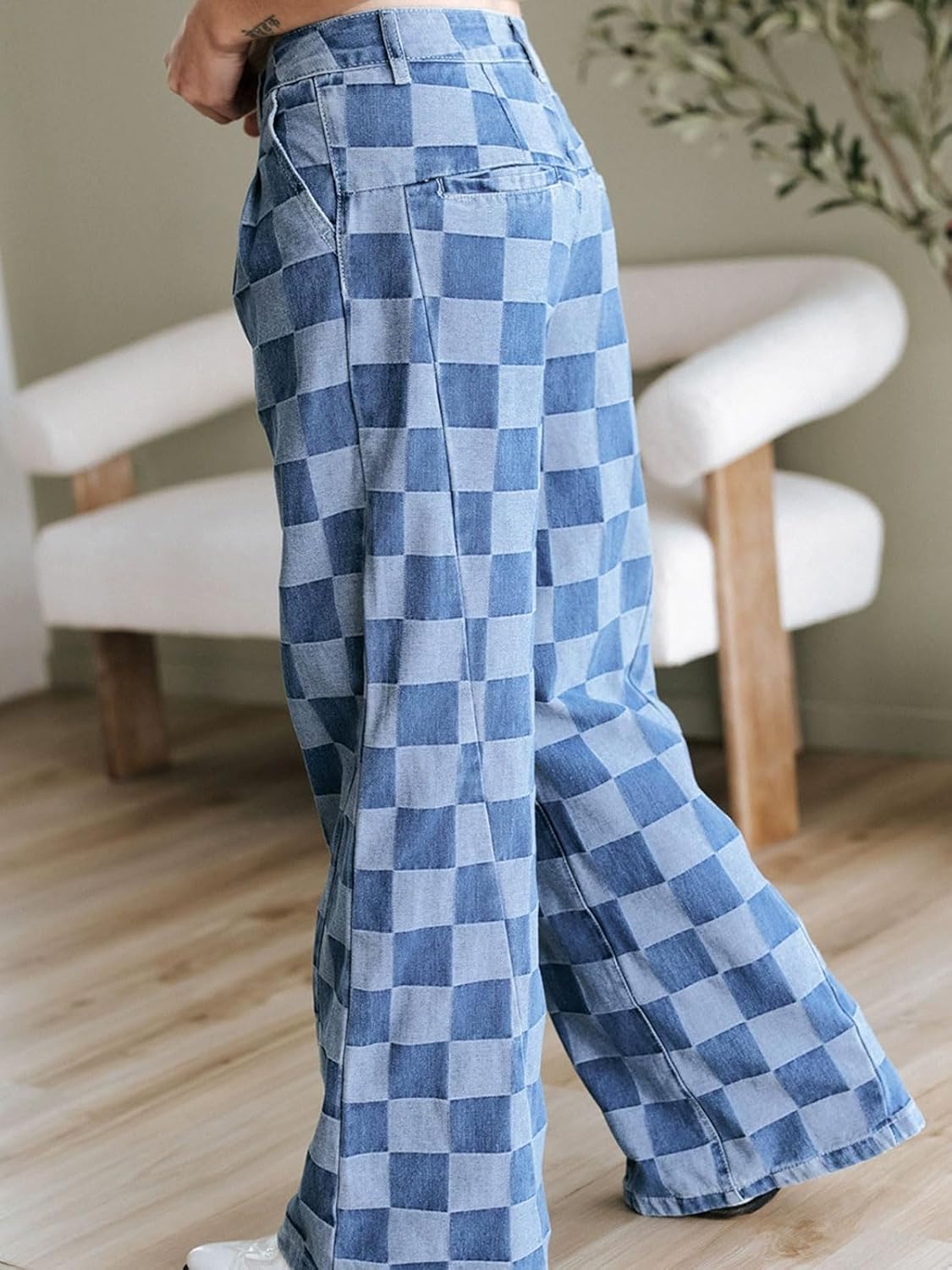 loveimgs Women Baggy Checkered Pants Patterned Denim Wide Leg Jeans Plaid Printed High Waisted Gingham Jeans - Image 6