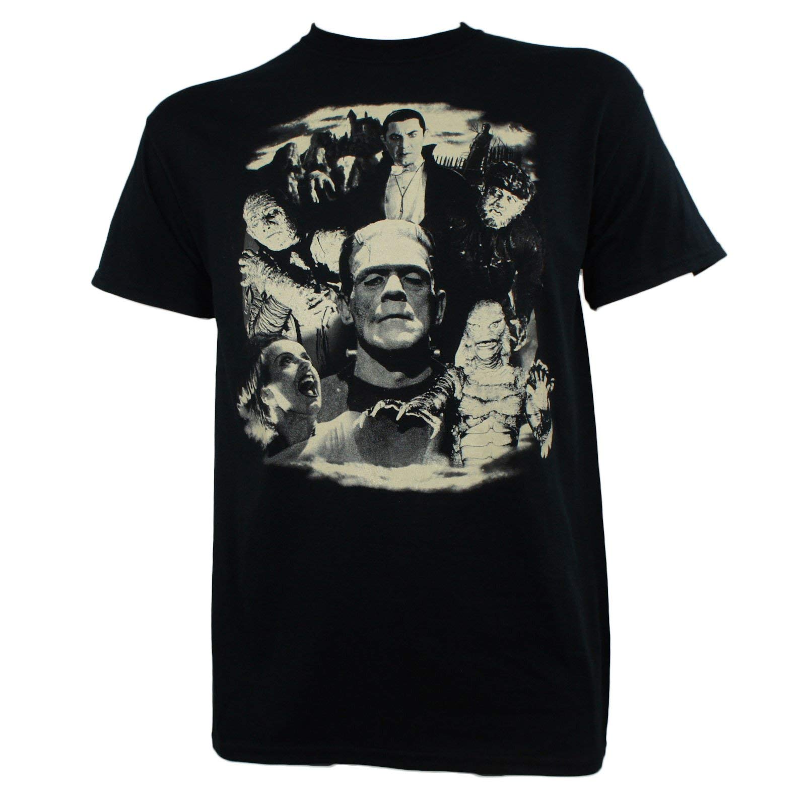 Rock RebelUniversal Monsters Mens Collage Dracula Frankenstein Bride Glow T-Shirt
