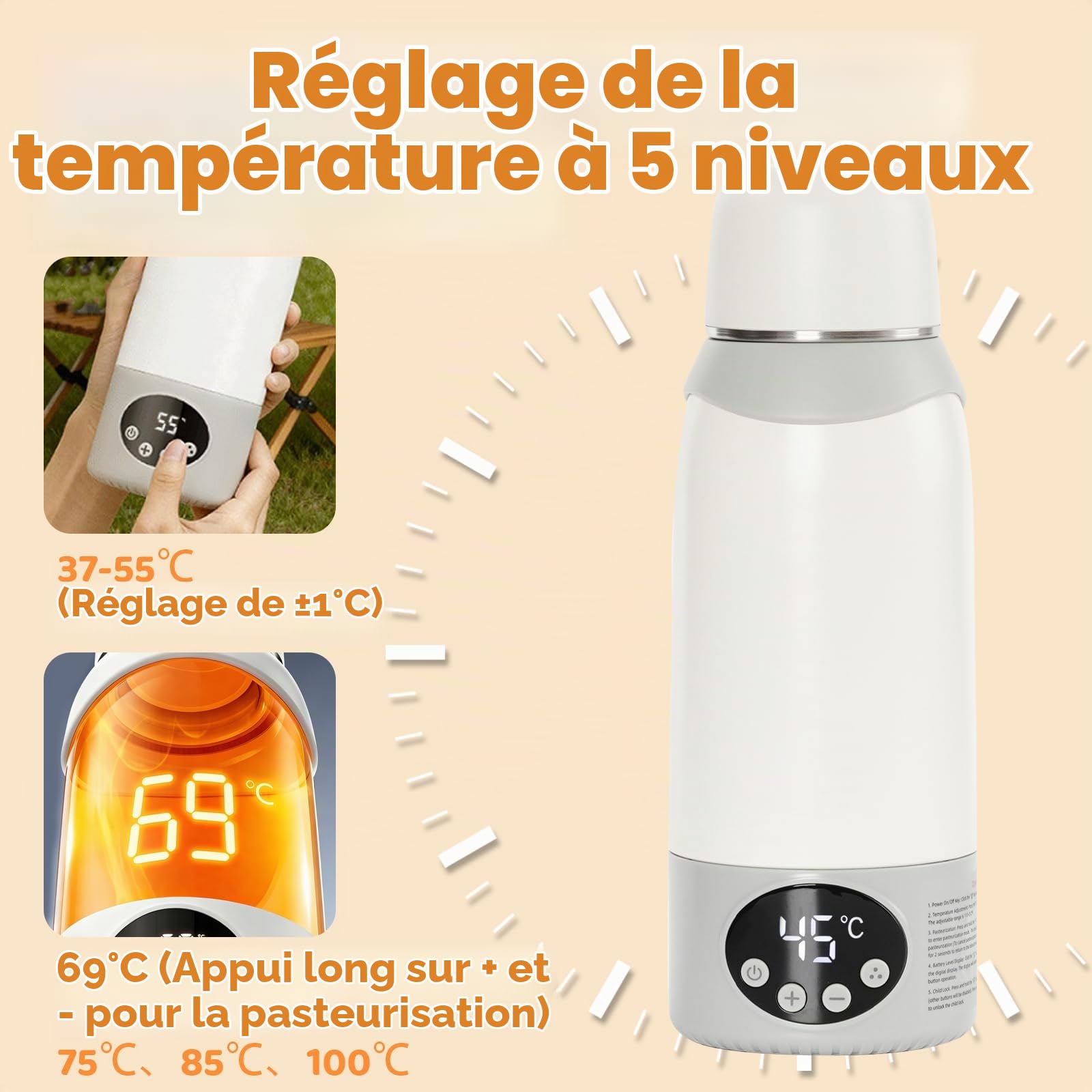 Chauffe-Biberon Portable Sans Fil & Nomade | Batterie 12000mAh, 500ml | Chauffe Lait Maternel et Eau Rapide (2 min) | Chauffe-Eau de Voyage, Thermos Bébé Biberon & Chauffe-Biberons Voiture