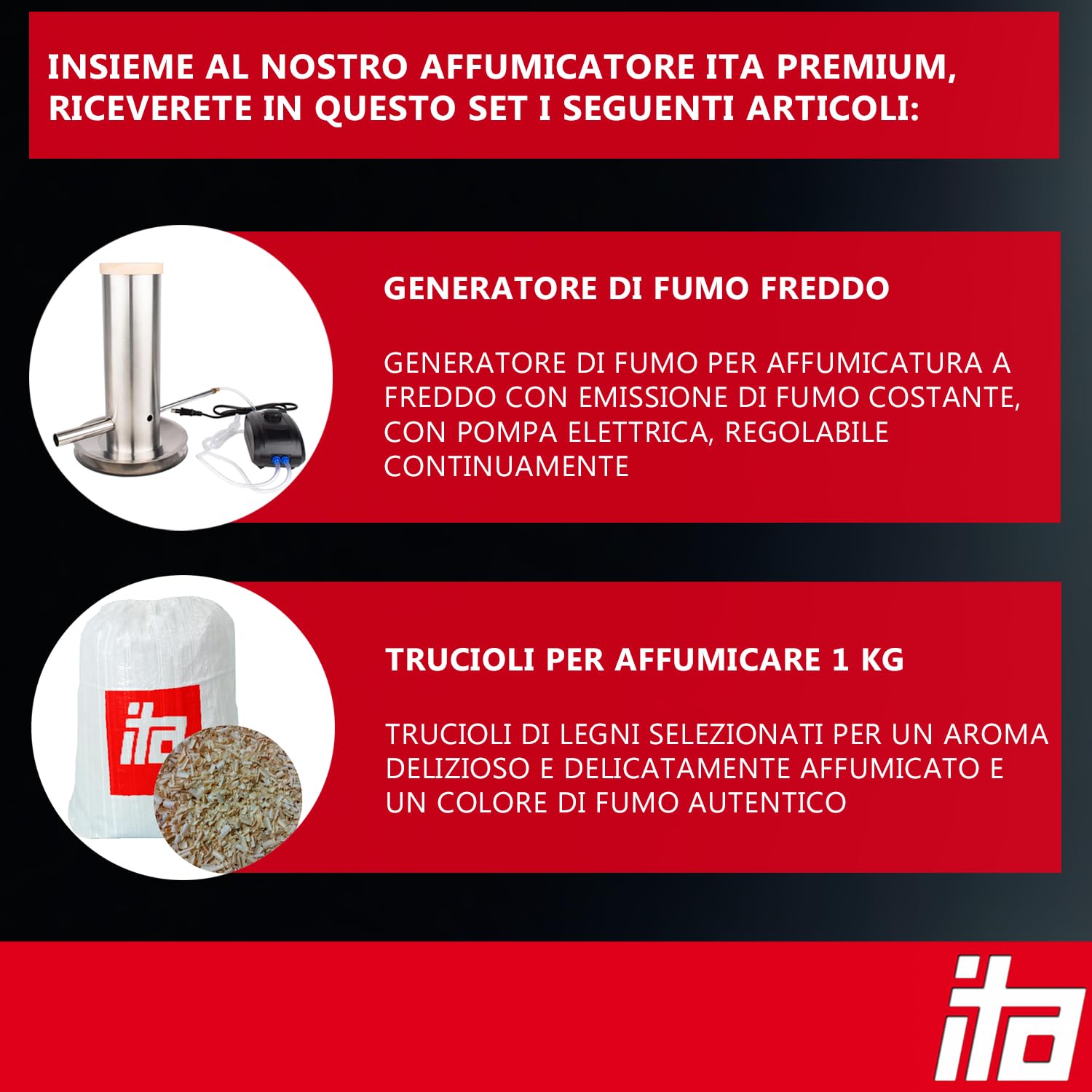 ITA affumicatore 7003 - Set generatore fumo XL con termometro - acciaio legato - qualità EU direttamente dal produttore - 111 cm con 4 piani