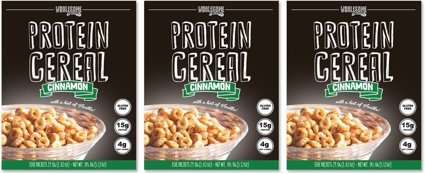 3 Pack Protein Cereal, Low Carb, 15g Protein, 6g Net Carbs, High Performance Cereal, Macro-Controlled Packages (Cinnamon)