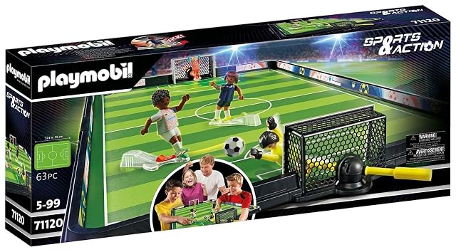 PLAYMOBIL Sports y Action 71120 Campo de fútbol, Futbolín para niños, 2 porteros, 2 futbolistas con función de Patada, 3 balones de futbolín, Juguetes para niños a Partir de 5 años