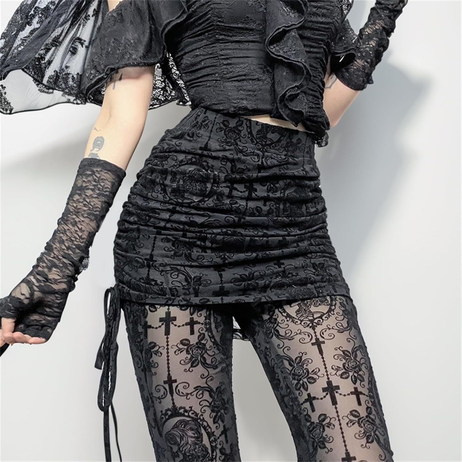 Vintage Bell Bottom Lace Pants Woman Goth Sheer Mesh Drawstring Loose Flared Wide Leg - Image 3