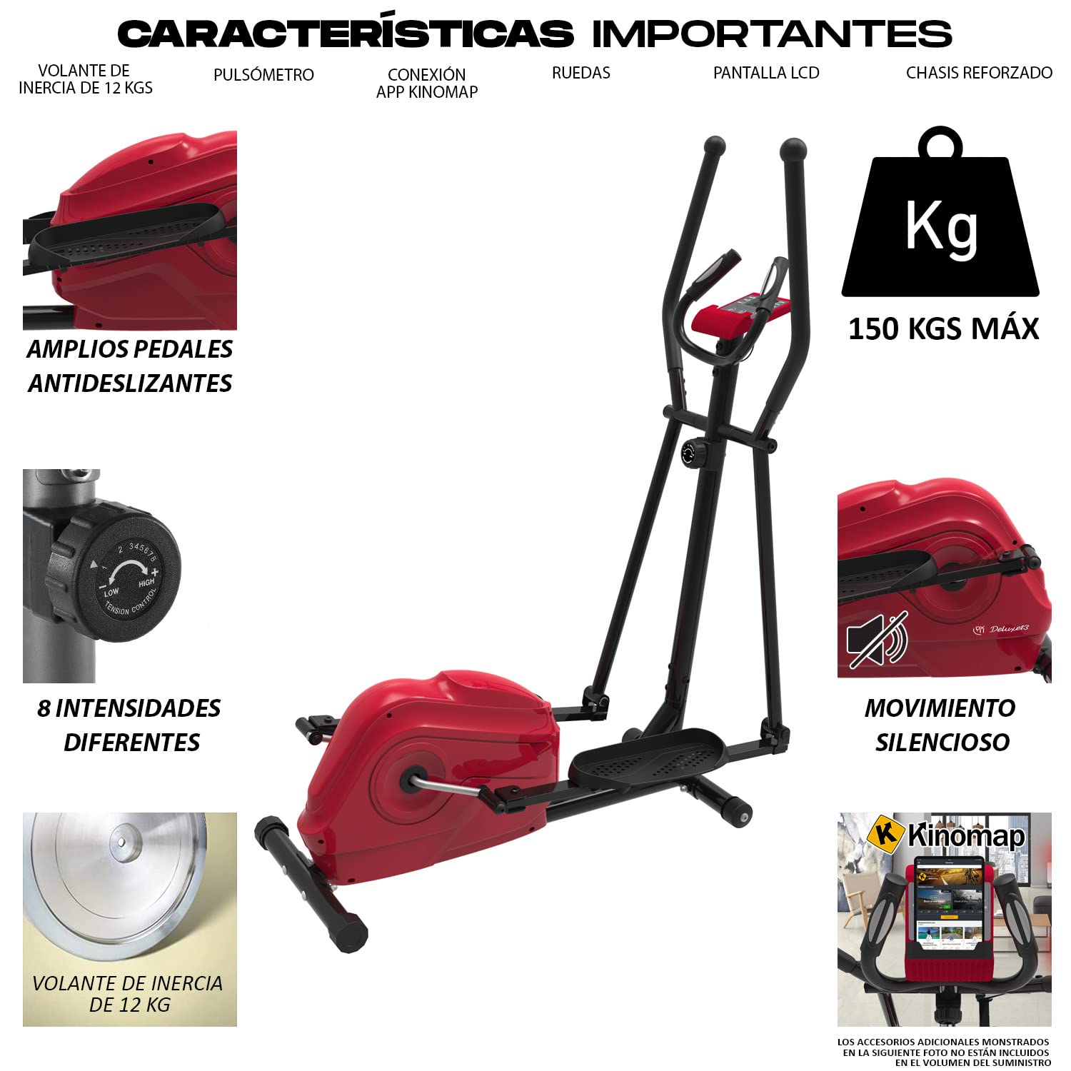 Bicicleta elíptica - 8 intensidades Diferentes - Conexión App Kinomap - Chasis Reforzado Soporta hasta 150kgs - Deporte en casa