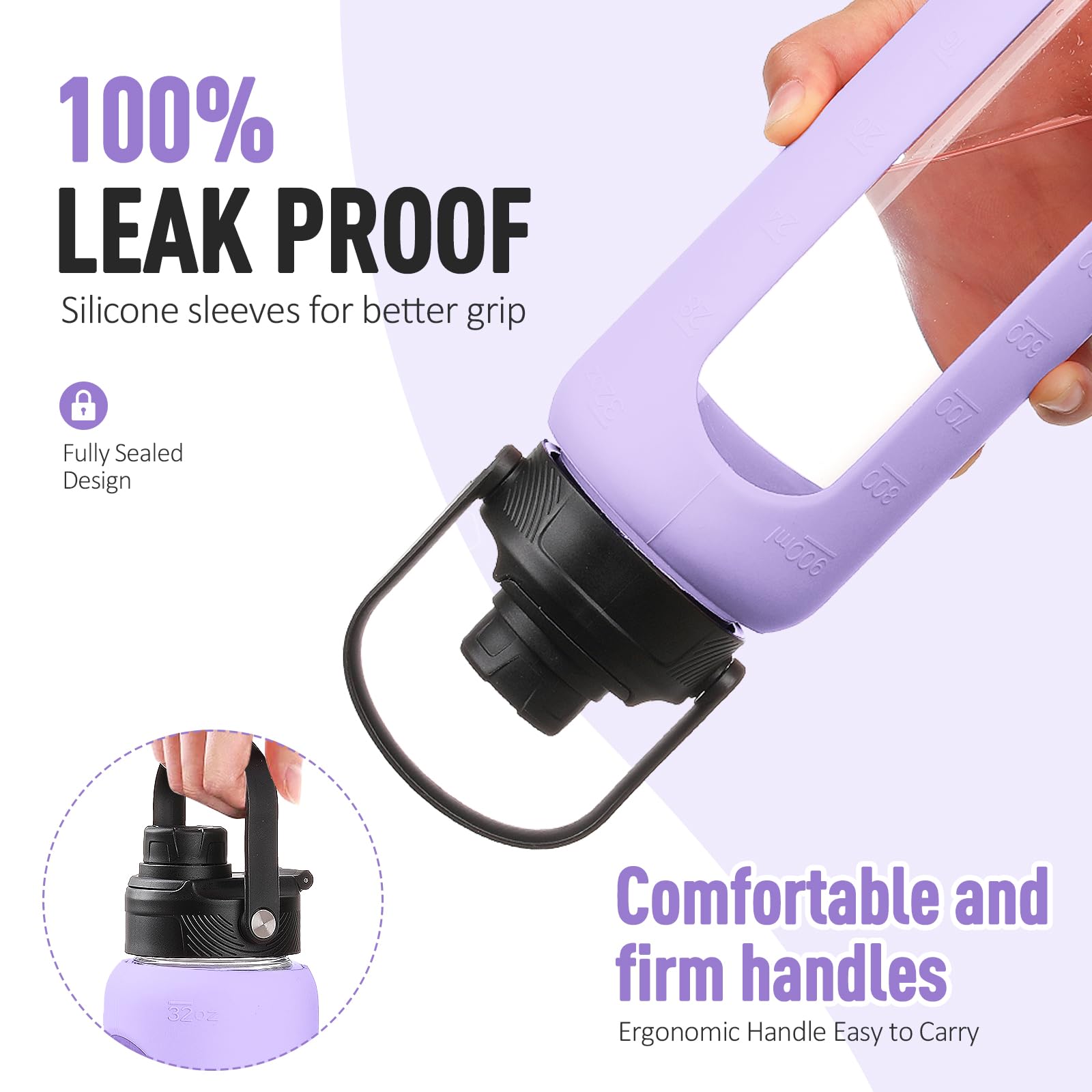 BLUEGO Borraccia Vetro 900ml con 2 Coperchi e Cannuccia, Sportiva Bottiglia d'Acqua con Custodia in Silicone e Indicatori di Tempo, Senza BPA, Viola