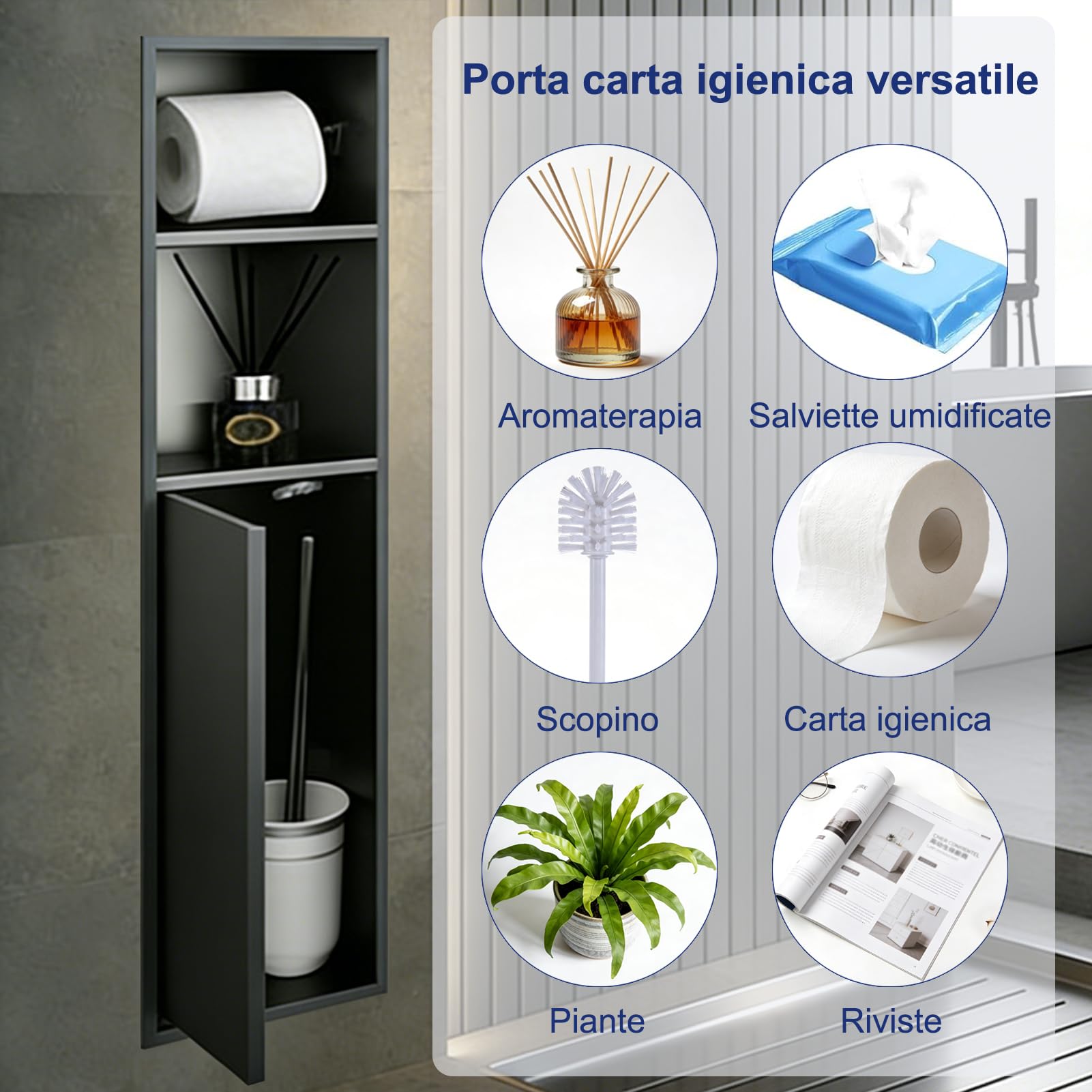 HJZALMI Portarotolo per carta igienica, da incasso, 80 x 18 x 12,5 cm | in acciaio inox 304, con scomparto extra, push-to-open, nero
