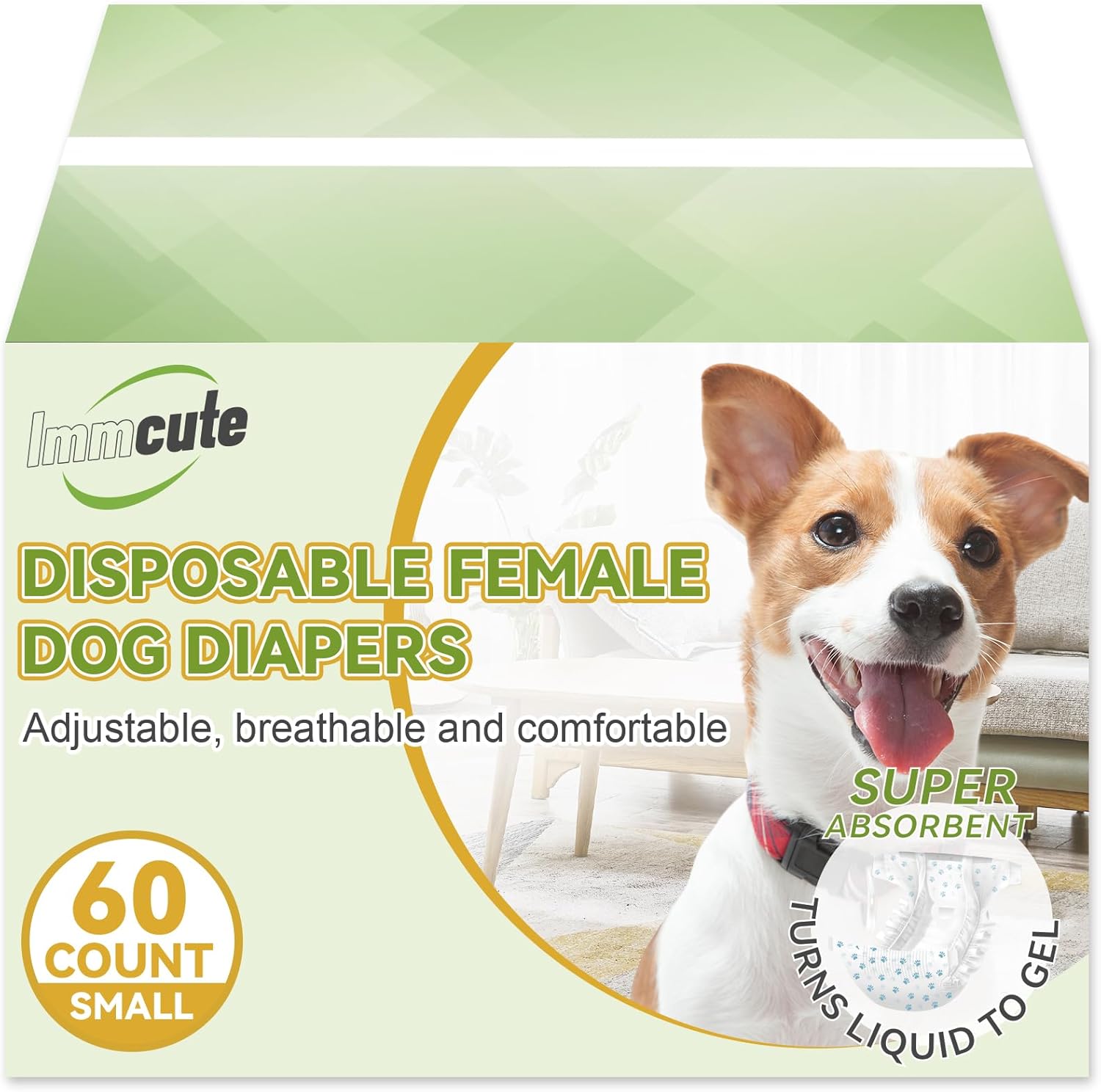 IMMCUTE Dog Diapers Female Small, 60 Count, Breathable & Adjustable Disposable Puppy Diapers, Super Absorbent Female Dog Diapers for Heat, Excitable Urination, Incontinence S 60ct