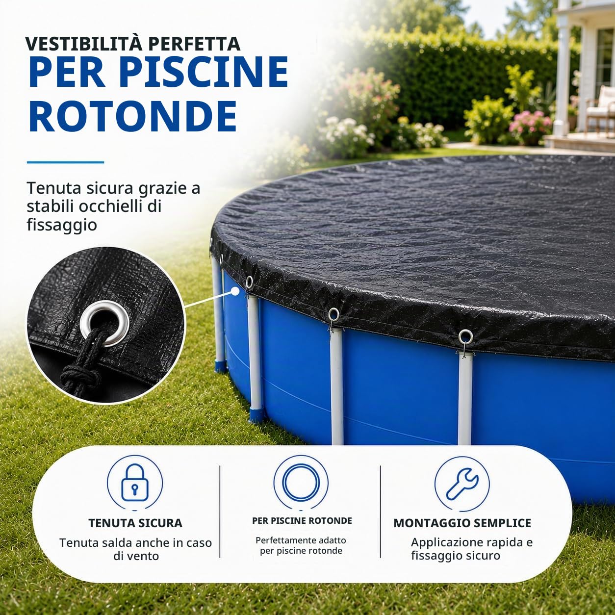 Telo di copertura per piscina rotondo, extra spesso, 200 g/m², resistente ai raggi UV, per l'estate e l'inverno, colore nero (380 – 420 cm (diametro 480 cm)