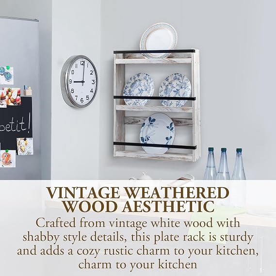 MyGift Wall Plate Display Rack, 3 Tier Farmhouse Whitewashed Wood Wall Mounted Plate Storage Rack, Holds 6-10inch Plates