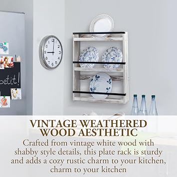 MyGift Wall Plate Display Rack, 3 Tier Farmhouse Whitewashed Wood Wall Mounted Plate Storage Rack, Holds 6-10inch Plates