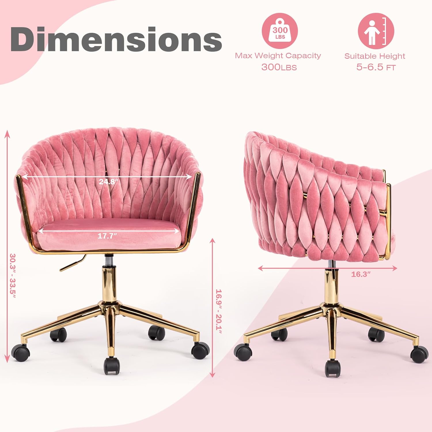Cute Velvet Office Chair with Back and Golden Wheels, 360° Swivel Small Office Desk Chair Makeup Vanity Chair for Bedroom, Pink Rolling Chair