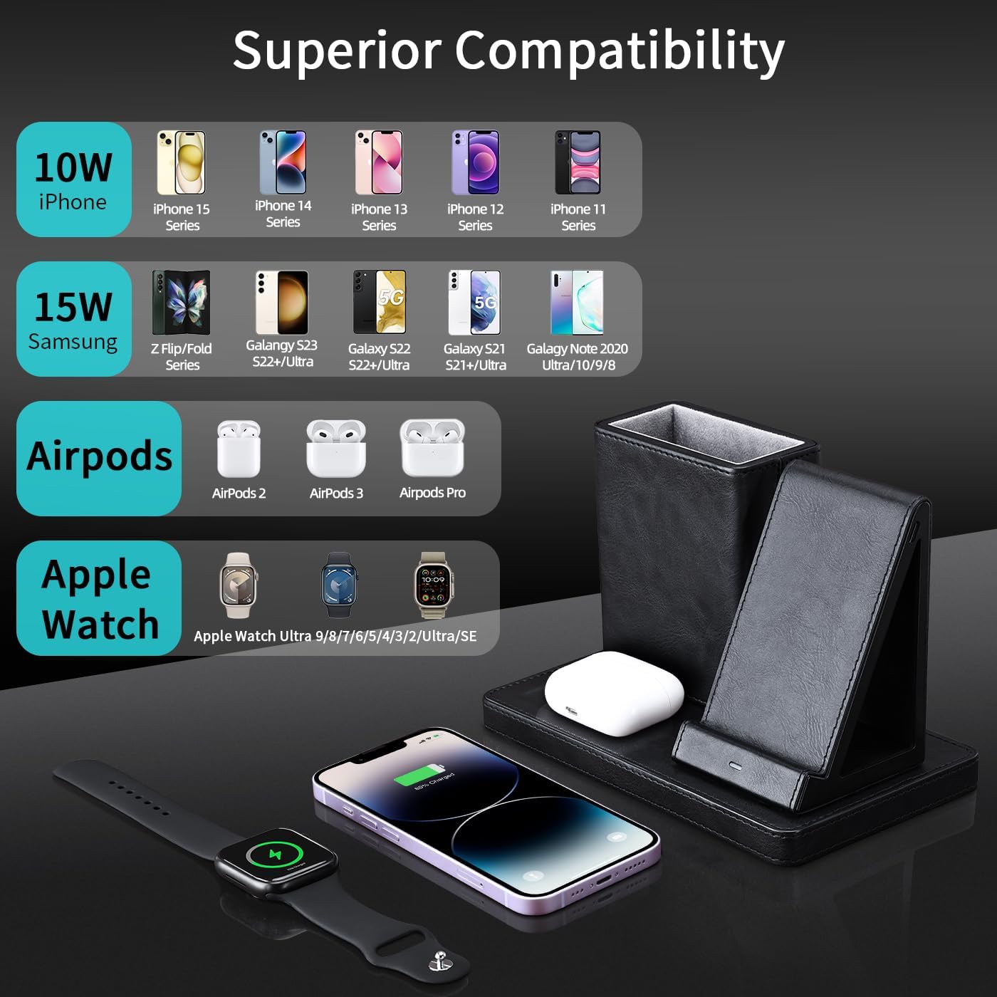 KINGFOM Wireless Charging Station, PU Leather 4 in 1 Use Wireless Charger Stand for iPhone 15 14 13 12 11Pro Max XR XS 8 Plus, for Apple Watch & AirPods with Desk Organizer Black (Black)
