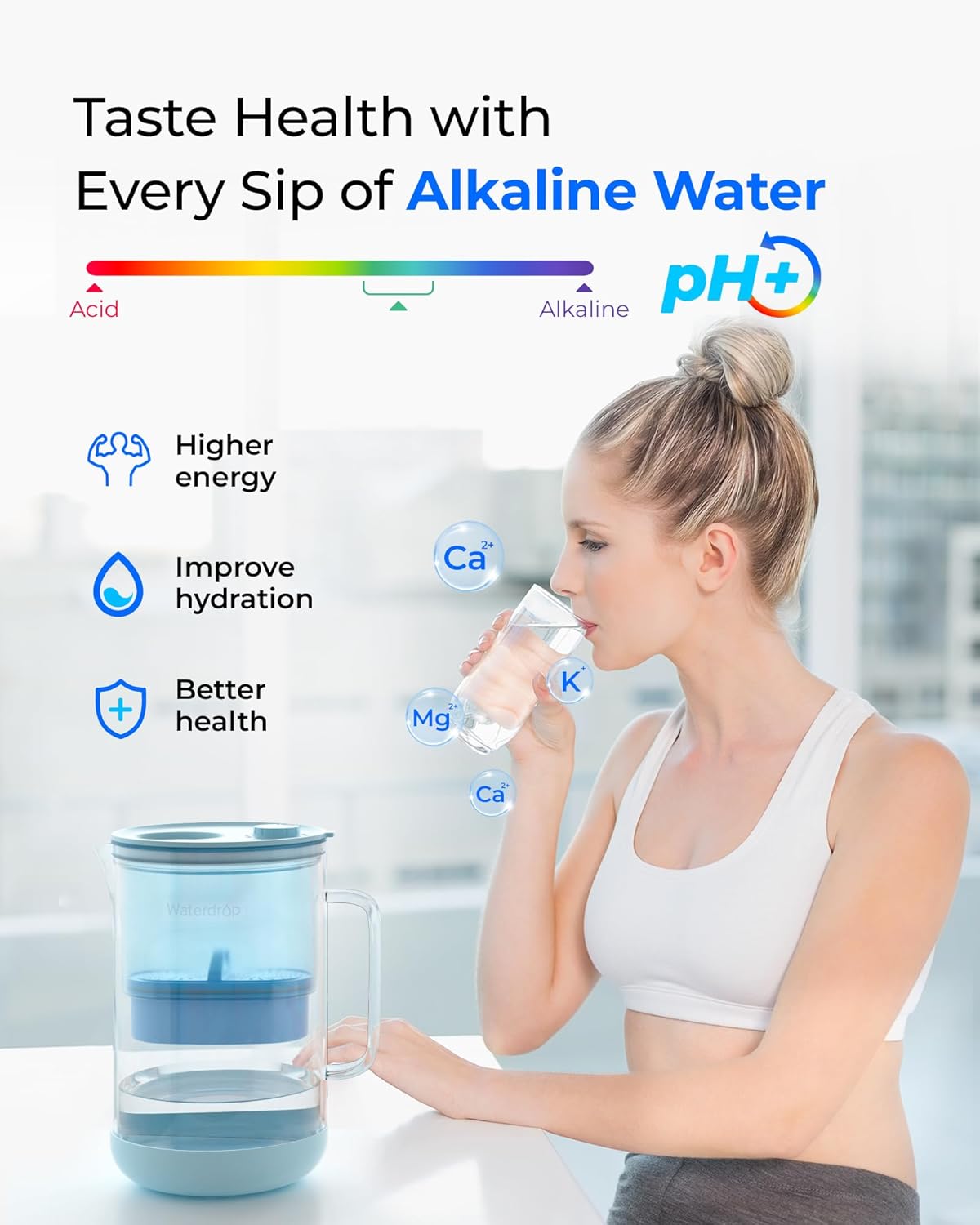Waterdrop Large Glass Alkaline Water Filter Pitcher with 1 Filter, Enhances Alkaline Water, Eco-Friendly, 10-Cup, for Home and Office, Reduces PFOA/PFOS, Chlorine, Cadmium, Copper, Mercury, Blue - Image 3