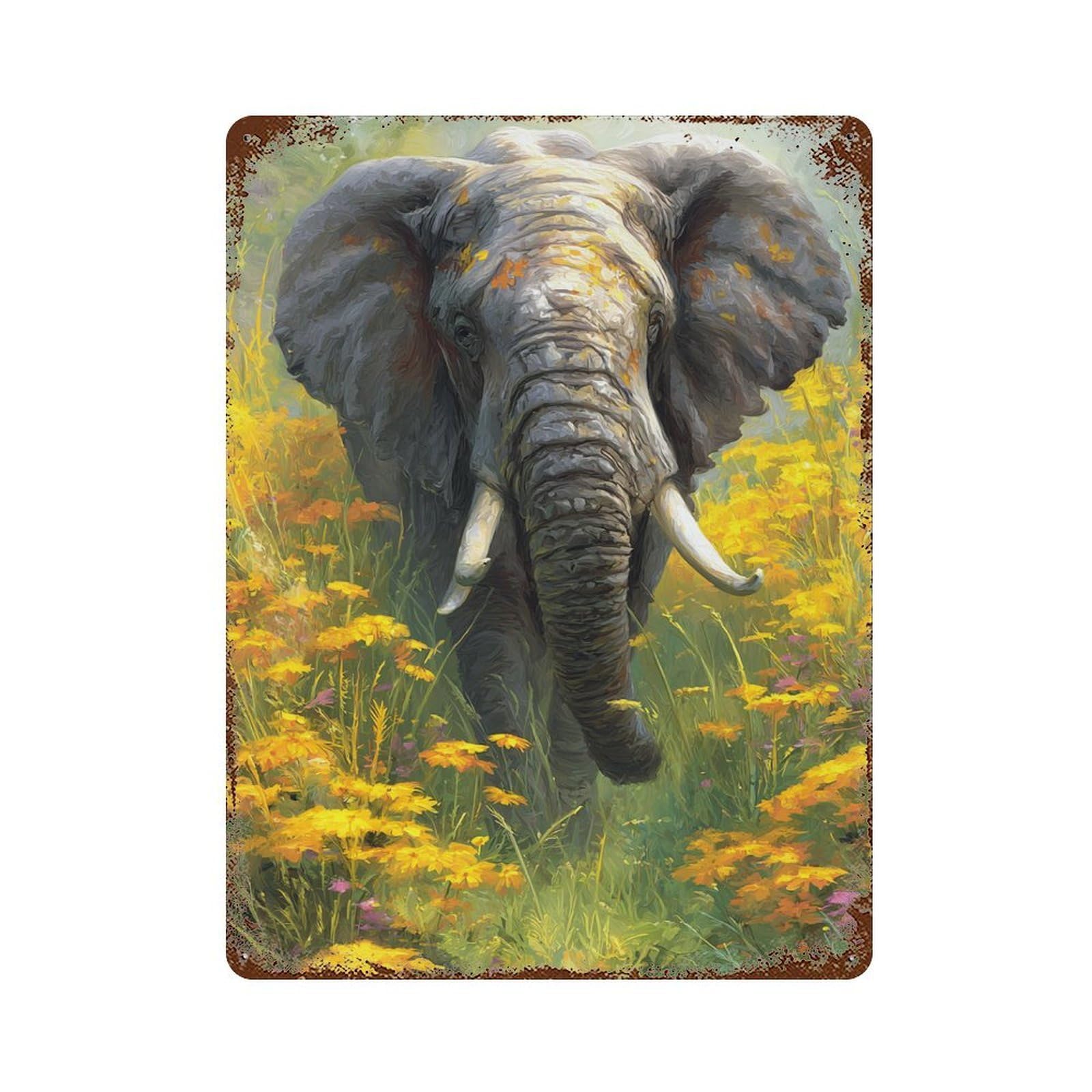 Elephant in Flower Field 15.7"x11.8" Rustic Tin Plaque, Novelty Wall Decor for Living Room, Hallway And Home Decor
