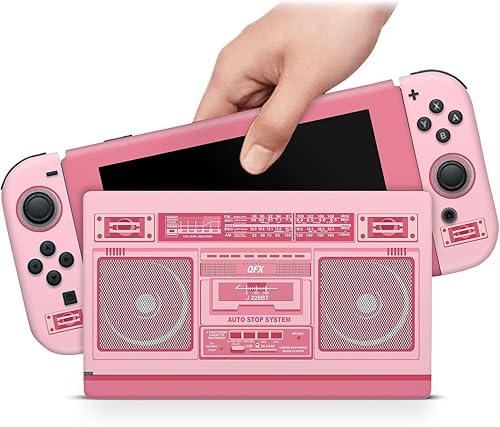 ZOOMHITSKINS OLED Switch Skin Pink, Compatible with Switch OLED Skin Wrap, Pink Vintage Retro Old School Radio Cassette Player, 3M Vinyl for Durable