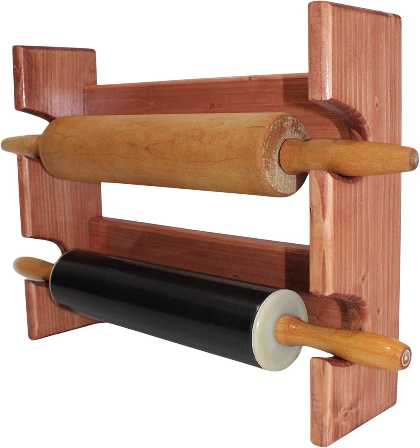 Rustic Wooden Rolling Pin Rack for 2 Rolling Pins – Wall Mounted Rolling Pin Holder with Farmhouse Kitchen Display Shelf