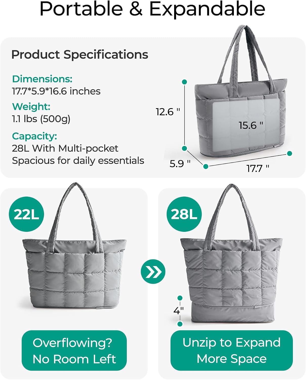  Expandable Tote Bag for Women, Puffer Work Tote Travel Bag thumbnail
