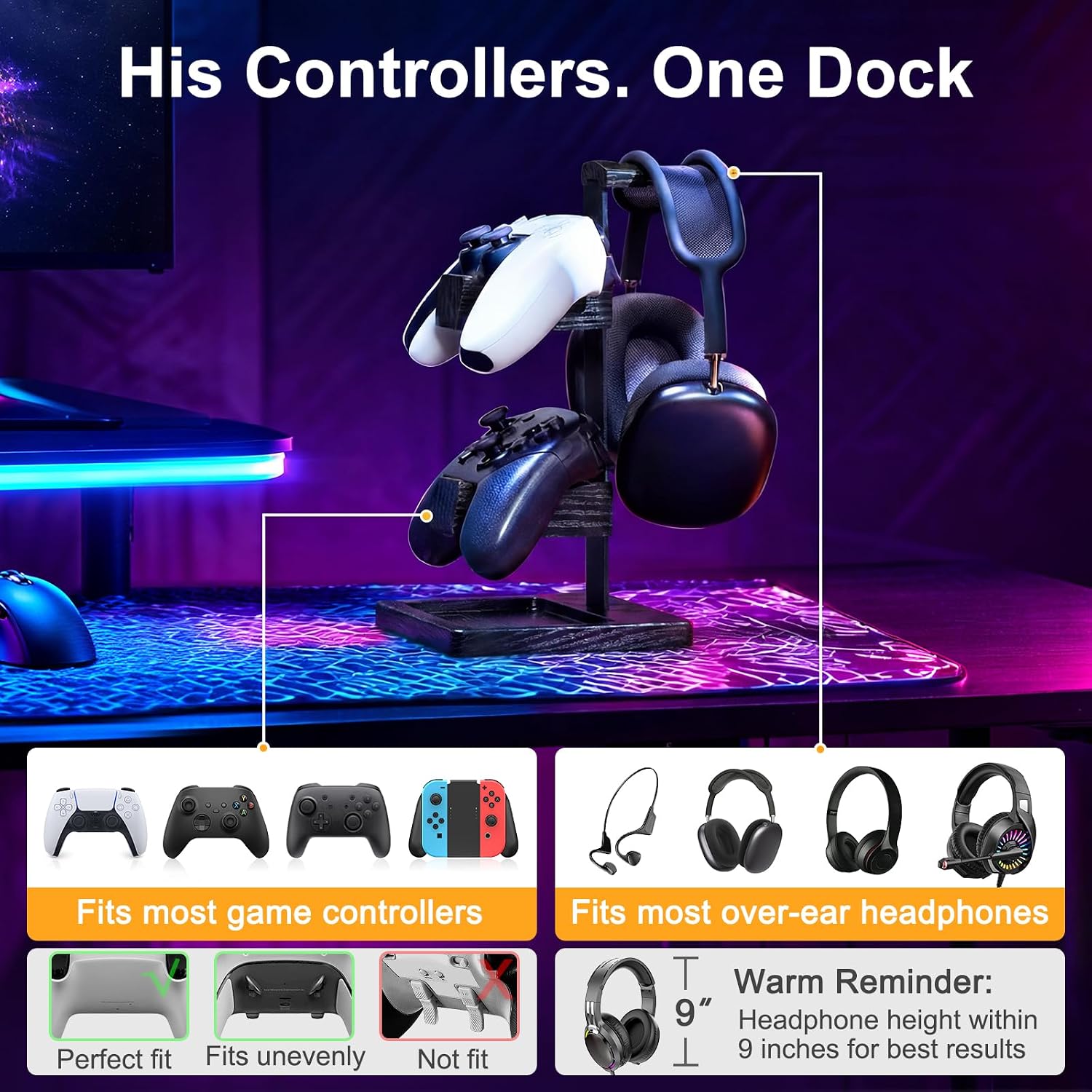 Solid Wood Controller Holder and Headphone Stand, Controller Stand for Desk | Dual Gaming Controller Organizer Rack, Fits Xbox, PS4, PS5, Gamepad, Headset Holder for Son, Husband, Boyfriend-Black