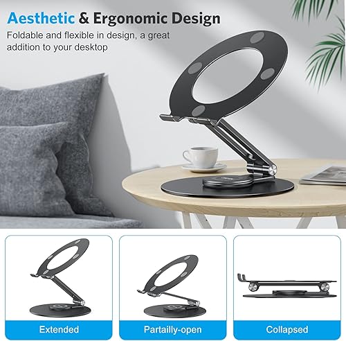 Miniatura 5 de OMOTON Soporte ajustable para portátil con base giratoria 360, elevador ergonómico para portátil para trabajo colaborativo, eje giratorio doble