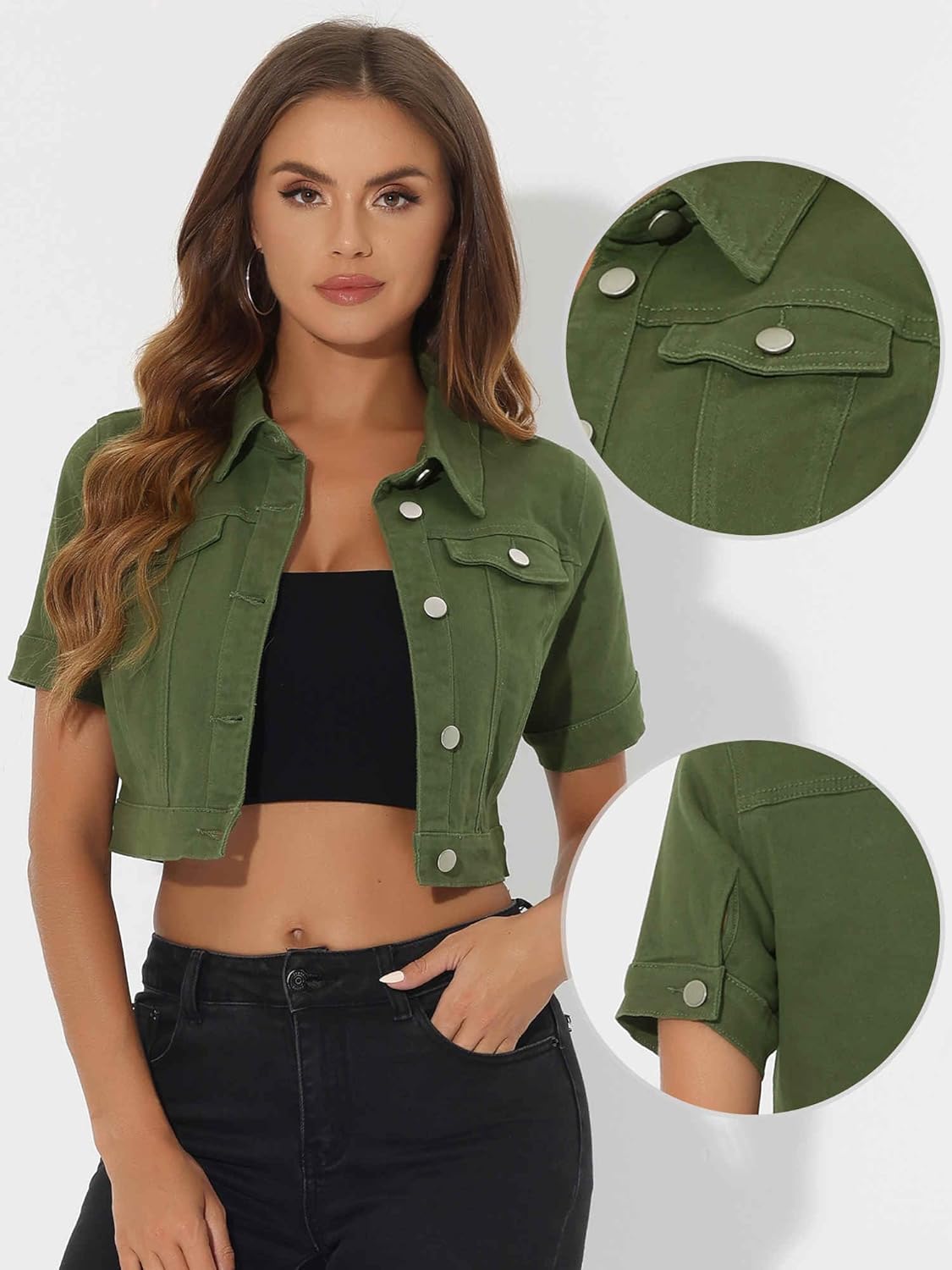 Allegra K Casual Denim Jacket for Women Short Sleeves Crop Jean Denim Jacket - Image 4