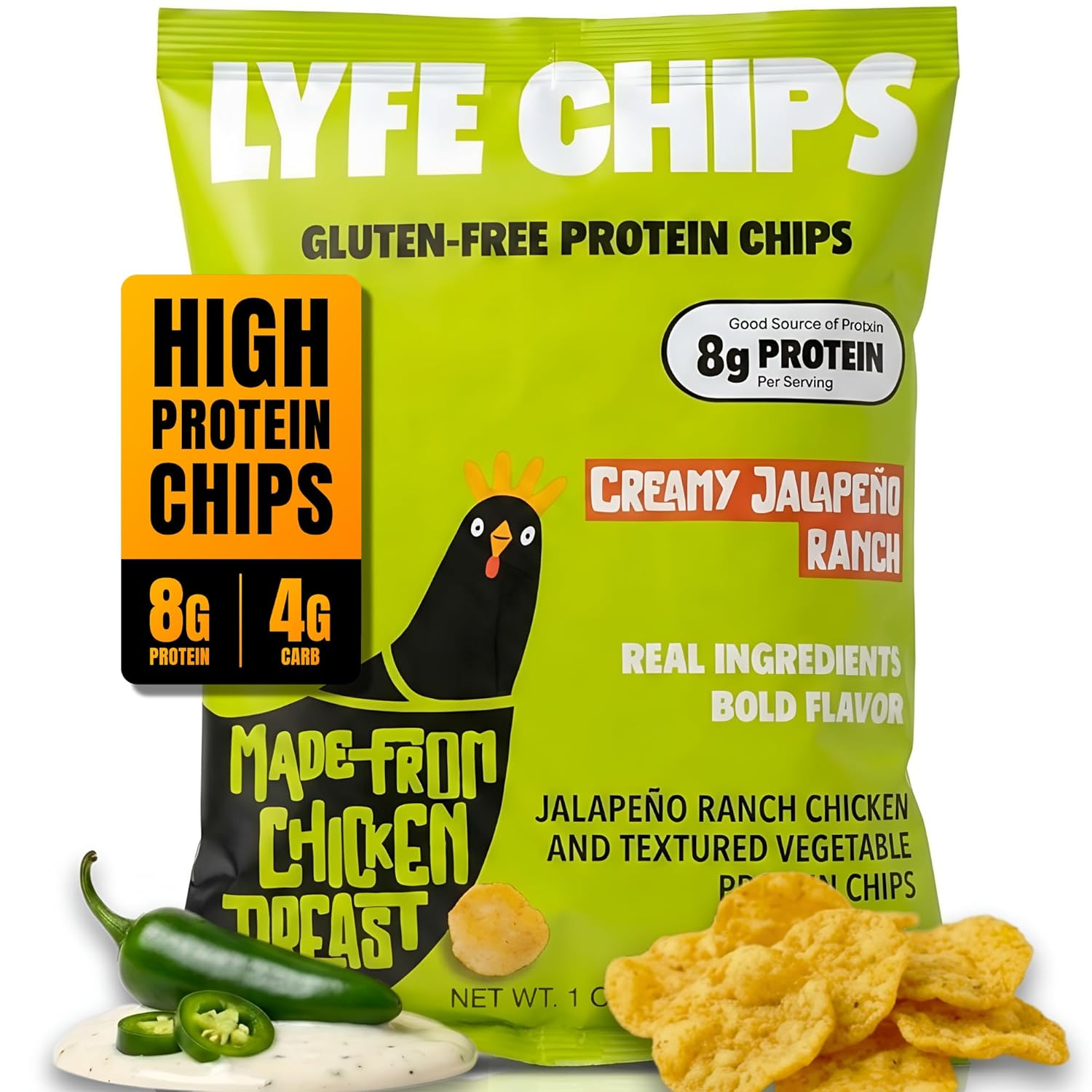 ZC LYFE Creamy Jalapeno Ranch Protein Chips, Gluten Free Keto Chicken Beast Chips, Crunchy High Protein (8g/serv) and Low Carb (4g/serv) Snack, On-the-Go, 1oz Bags (Pack of 8)