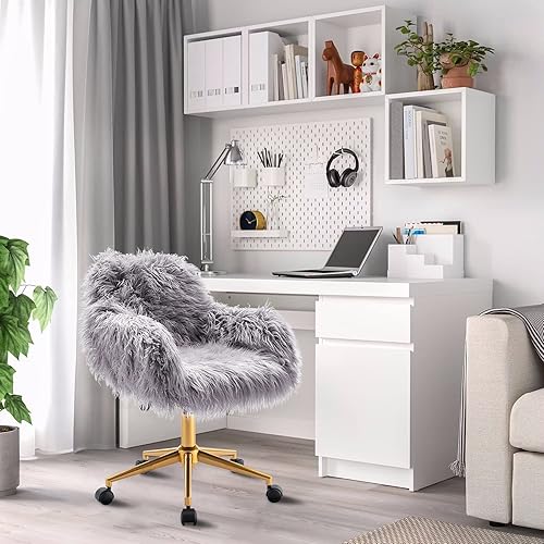 Miniatura 8 de Silla de escritorio de piel sintética, silla de escritorio gris ajustable en altura, silla de tocador para sala de maquillaje, silla giratoria de