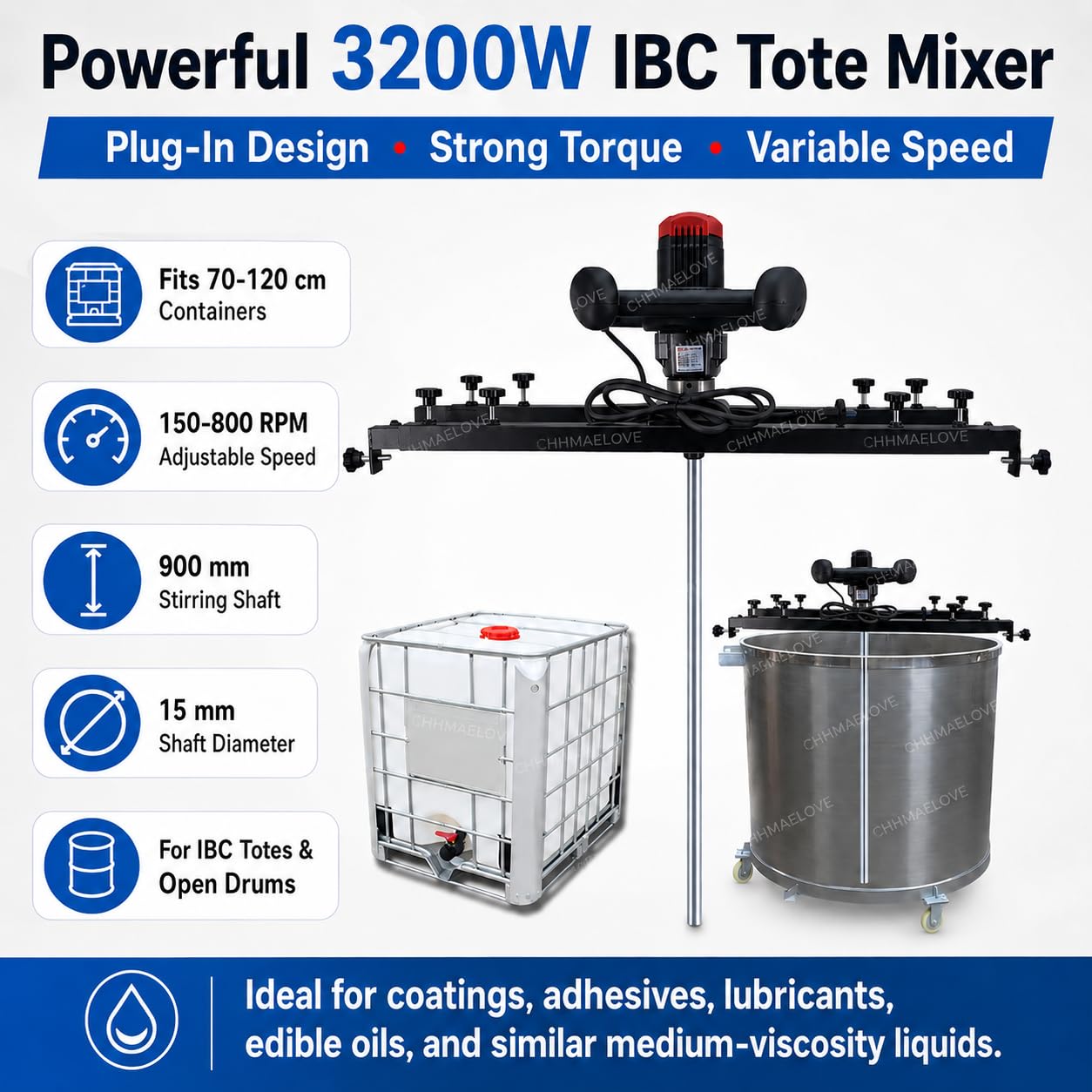Elektryczne mieszadło IBC 3200 W, tarcza dyspersyjna + wirnik z trzema ostrzami, wał 900 mm, regulowany wspornik, wytrzymałe mieszanie do farb, kleju, olejów jadalnych, zbiorników 50-1000 l