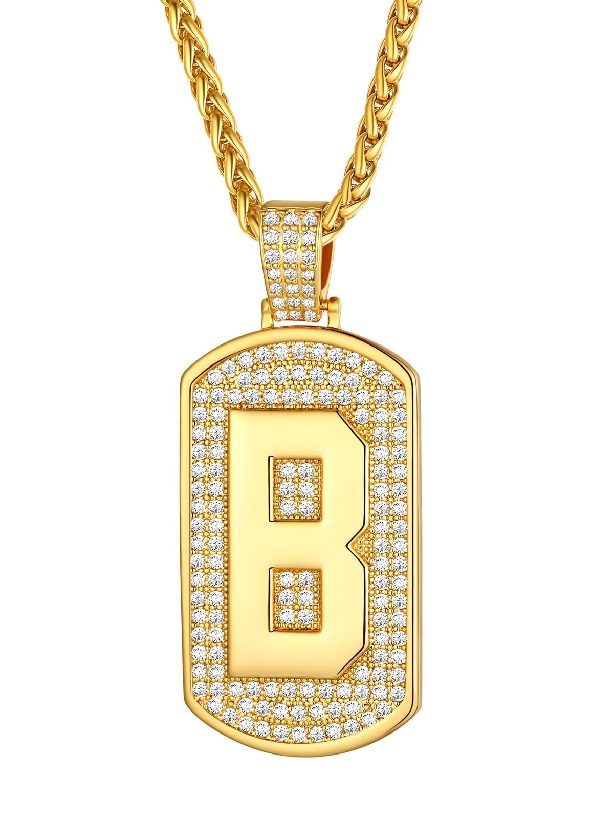 FindChic Bling Dog Tag Necklaces for Men Initial/Number/Dollar Design Cubic Zirconia Iced Platinum/Gold Plated Pendant Hip Hop Jewelry, with Gift Box
