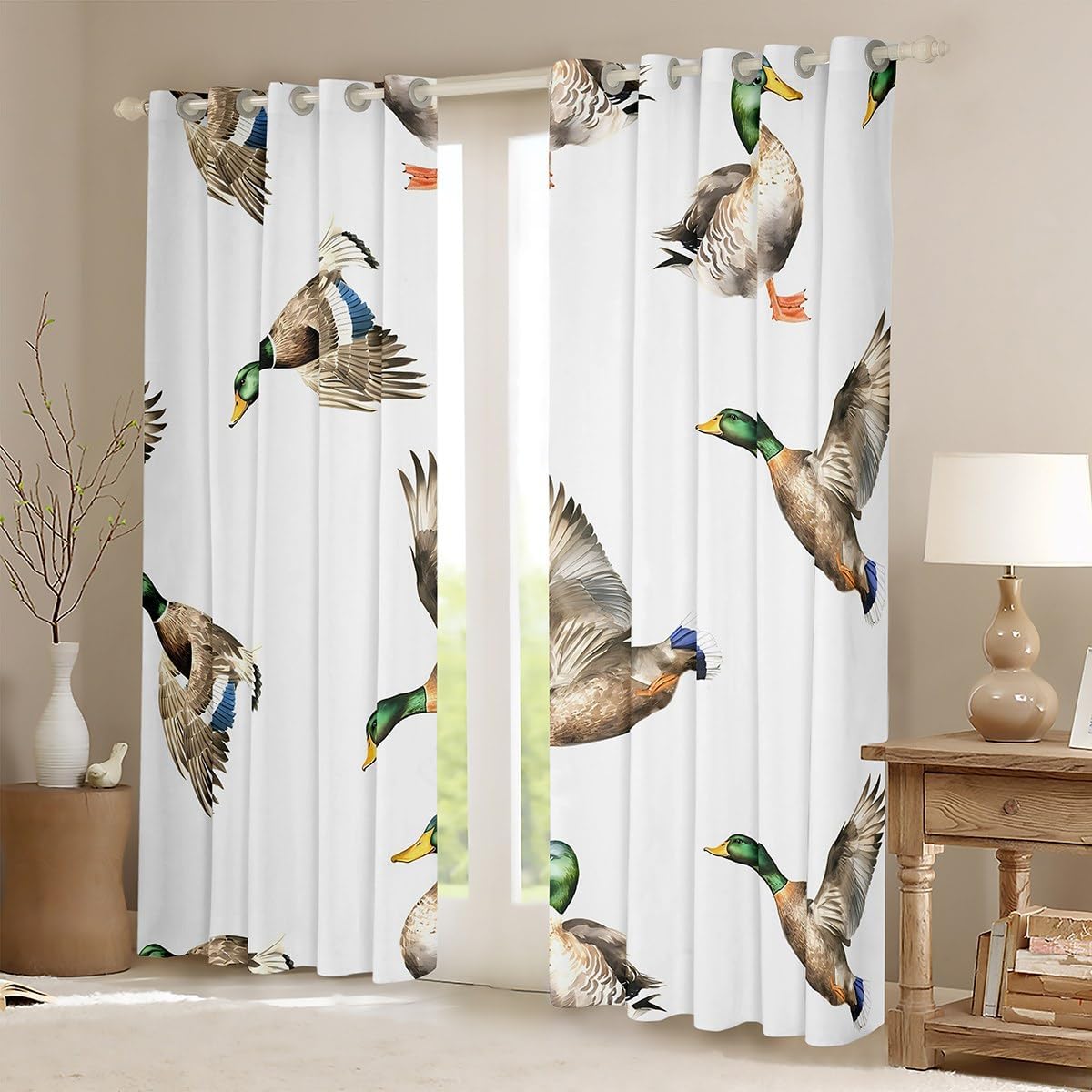 Feelyou Mallard Duck Darkening Drapes Hunting and Fishing Curtains Bedroom Living Room Wild Animal 30%-50% Blackout Curtains Boys Girls Kids Wildlife White Window Treatments (2 Panels, 38 x 45 Inch)
