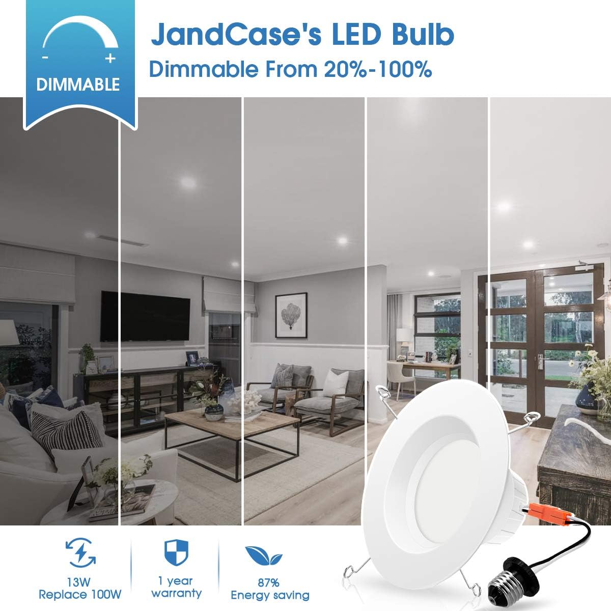 Featured Product JandCase 12 Pack 5/6 Inch Led Recessed Lighting Fixture, CRI 90, 13W(100W Equivalent), 5000K Daylight White, 1000lm, Dimmable Recessed Ceiling Downlight, Simple Retrofit Installation, Damp Rated